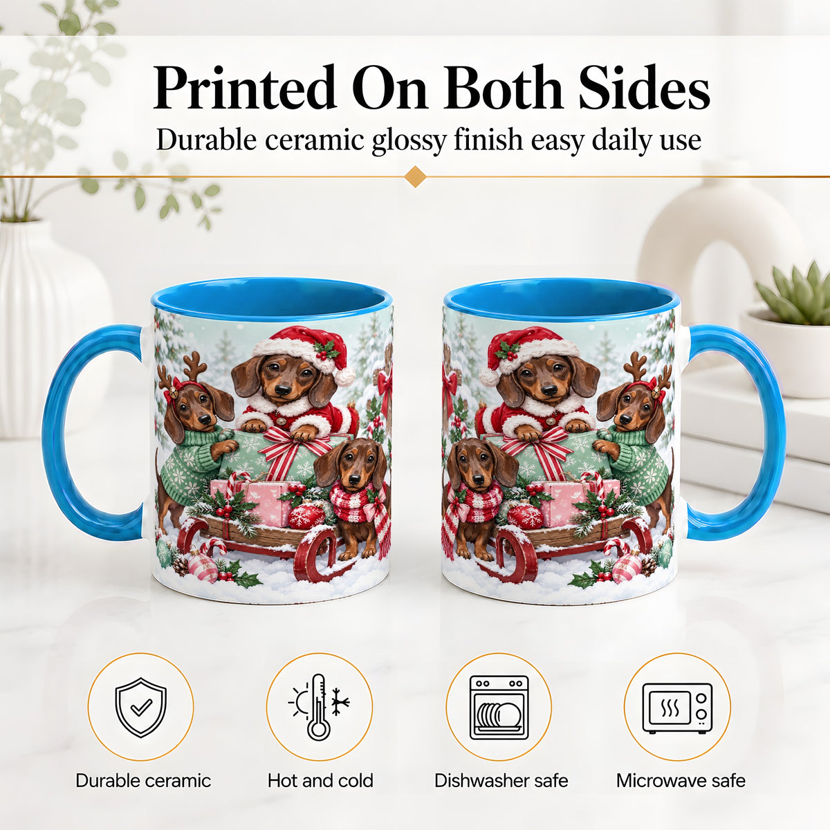 #pl[11oz|Blue] Christmas Dachshund Ceramic Mug, Winter Sled Design for Dog Lovers