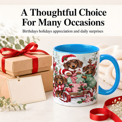 #pl[11oz|Blue] Christmas Dachshund Ceramic Mug, Winter Sled Design for Dog Lovers