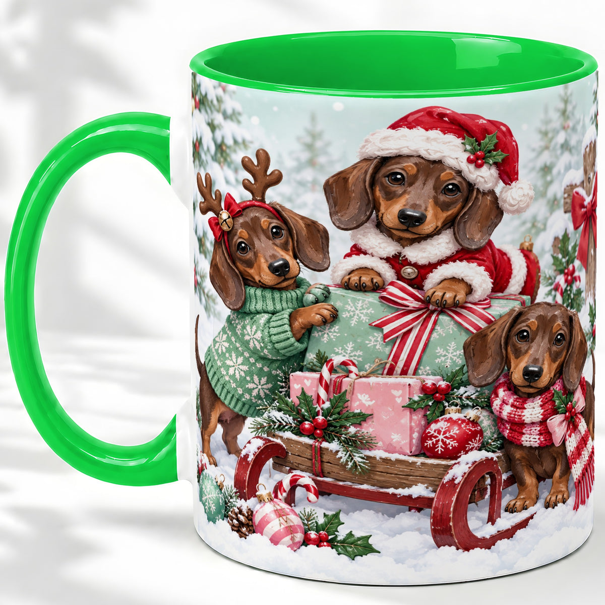 #pl[11oz|Green] Christmas Dachshund Ceramic Mug, Winter Sled Design for Dog Lovers