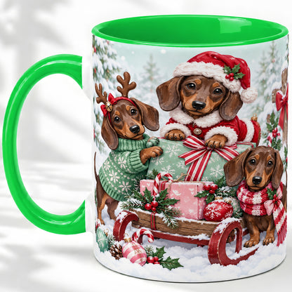 #pl[11oz|Green] Christmas Dachshund Ceramic Mug, Winter Sled Design for Dog Lovers