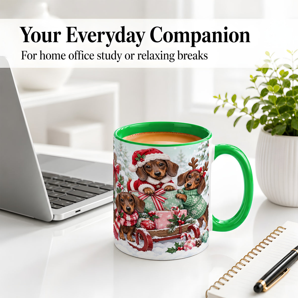 #pl[11oz|Green] Christmas Dachshund Ceramic Mug, Winter Sled Design for Dog Lovers