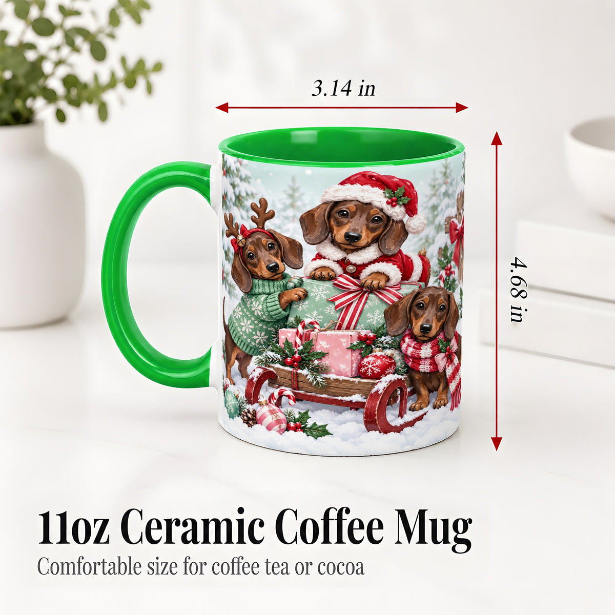 #pl[11oz|Green] Christmas Dachshund Ceramic Mug, Winter Sled Design for Dog Lovers