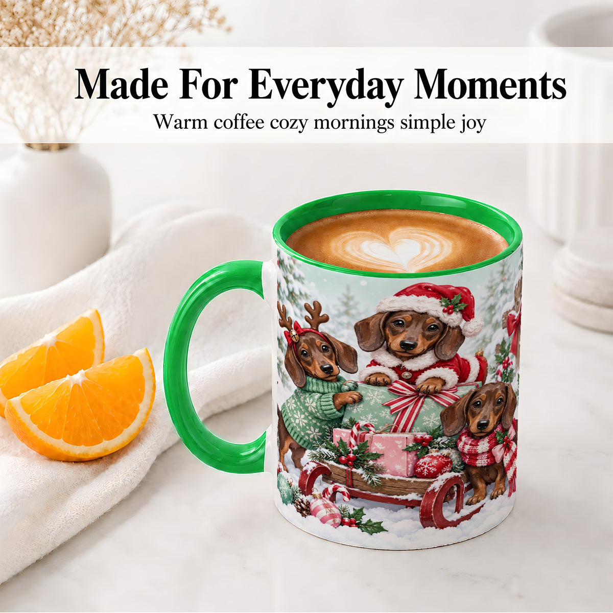 #pl[11oz|Green] Christmas Dachshund Ceramic Mug, Winter Sled Design for Dog Lovers