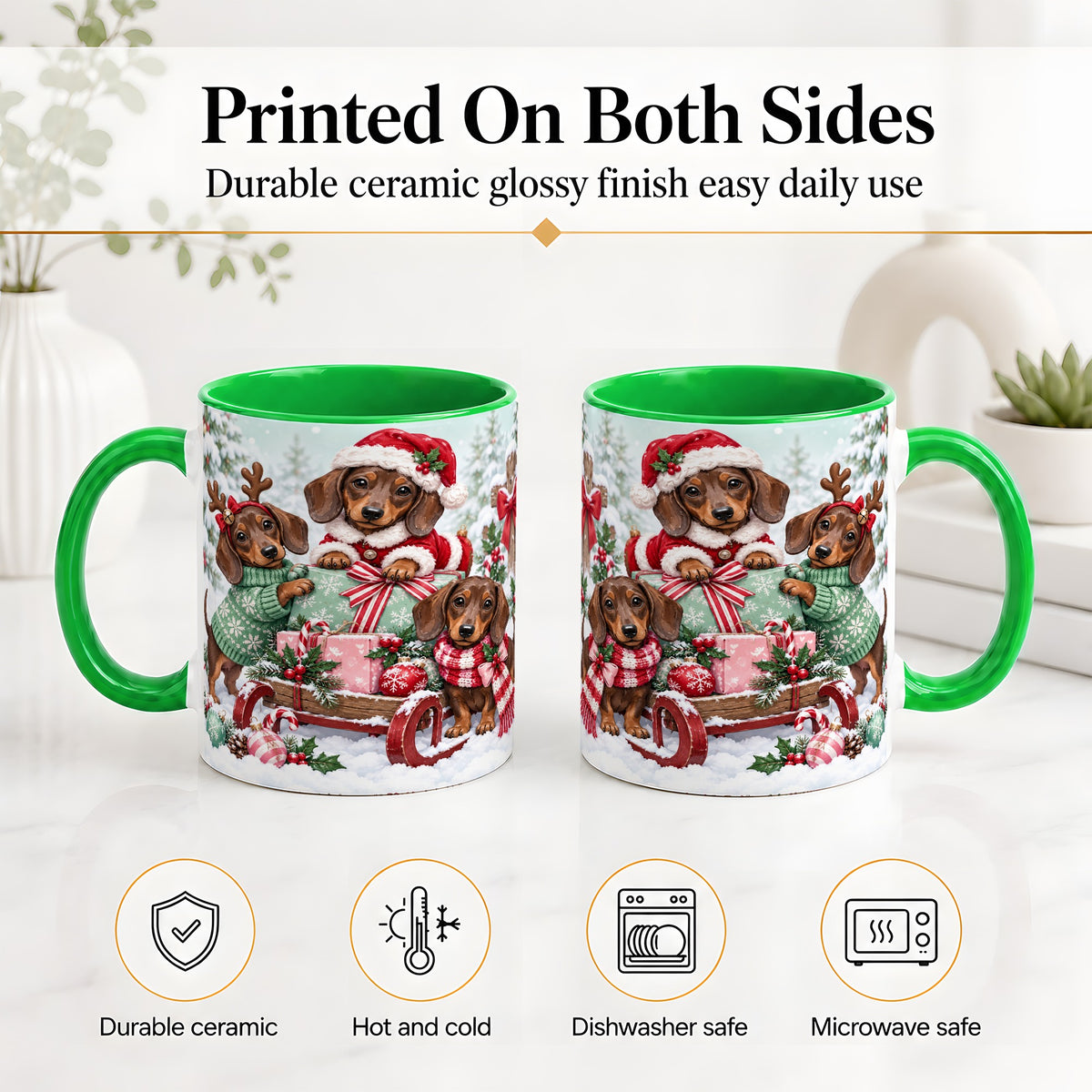 #pl[11oz|Green] Christmas Dachshund Ceramic Mug, Winter Sled Design for Dog Lovers