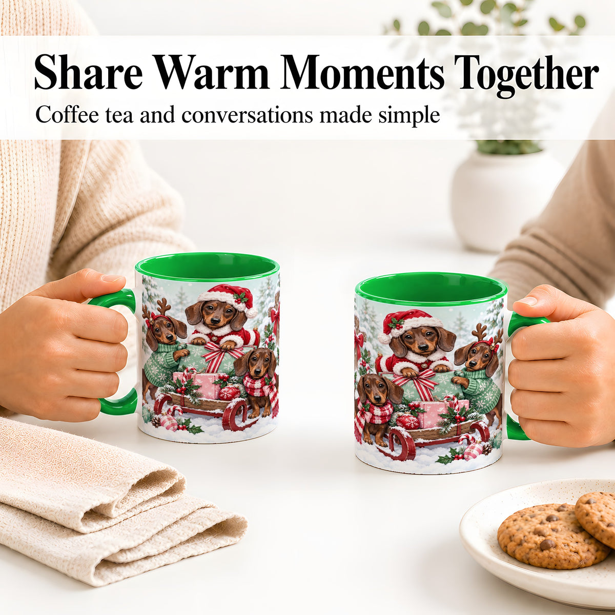 #pl[11oz|Green] Christmas Dachshund Ceramic Mug, Winter Sled Design for Dog Lovers