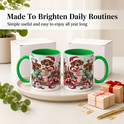 #pl[11oz|Green] Christmas Dachshund Ceramic Mug, Winter Sled Design for Dog Lovers