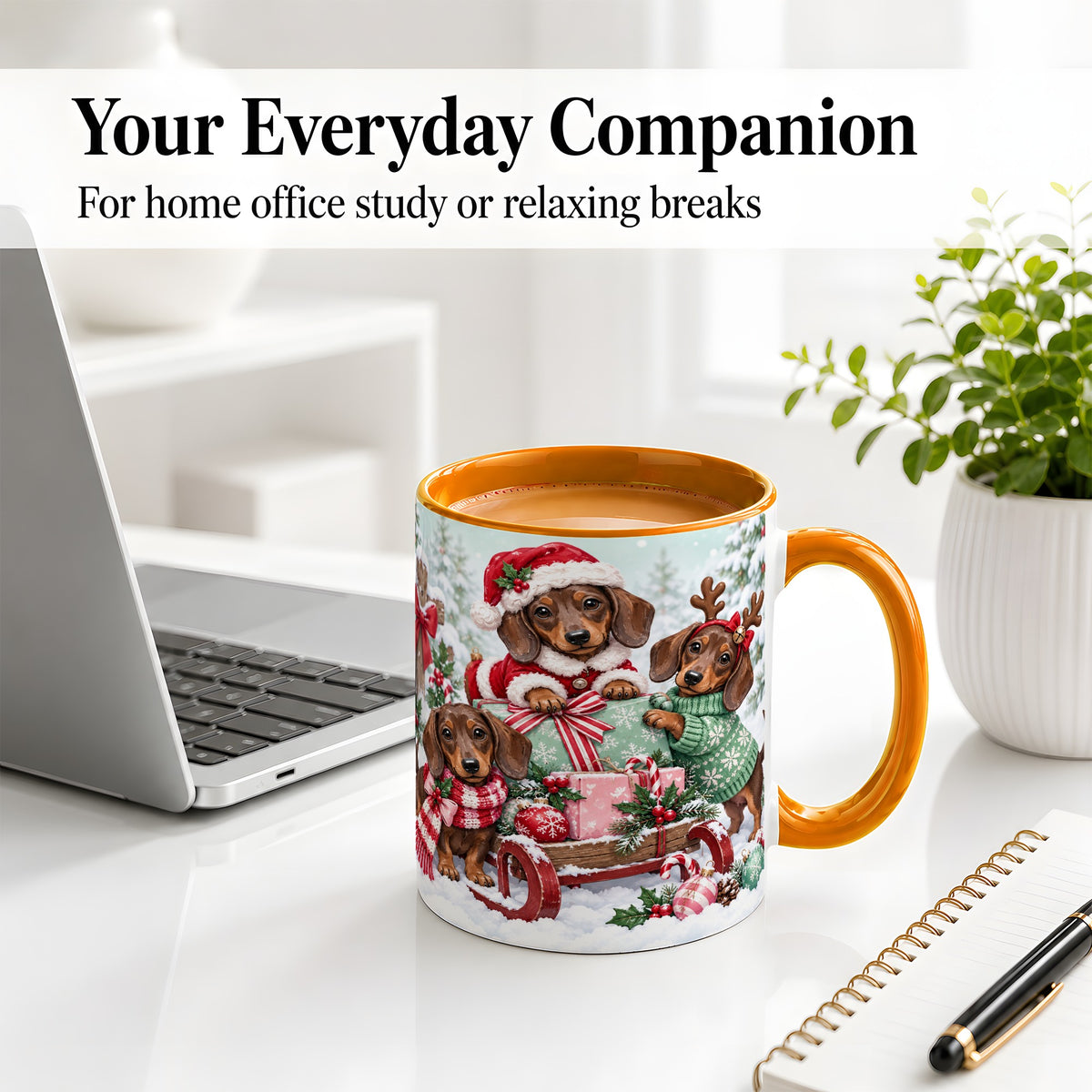 #pl[11oz|Orange] Christmas Dachshund Ceramic Mug, Winter Sled Design for Dog Lovers