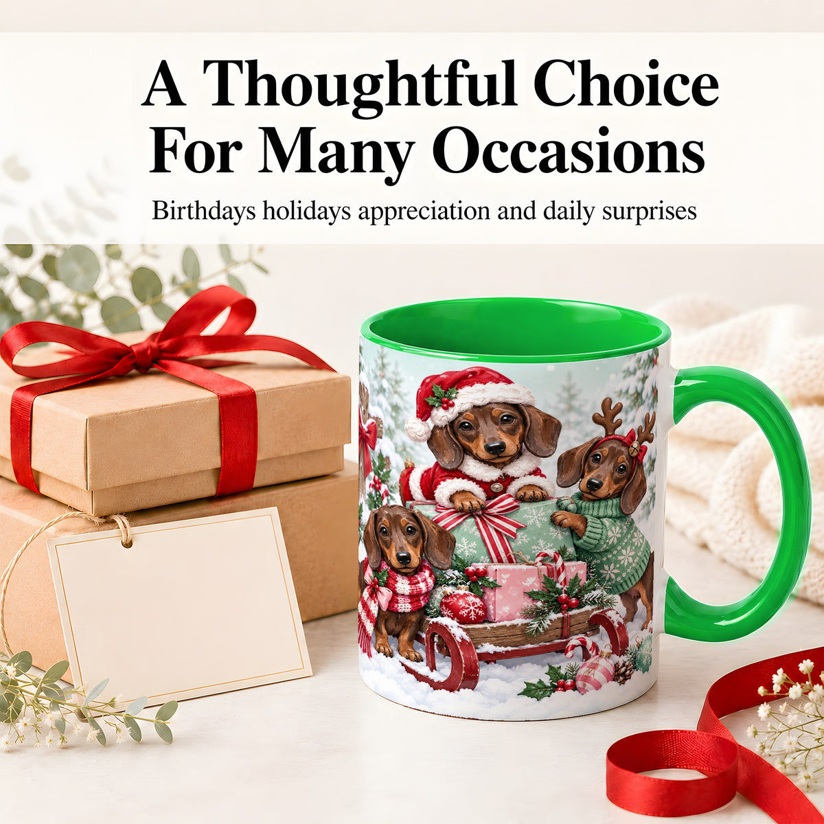 #pl[11oz|Green] Christmas Dachshund Ceramic Mug, Winter Sled Design for Dog Lovers