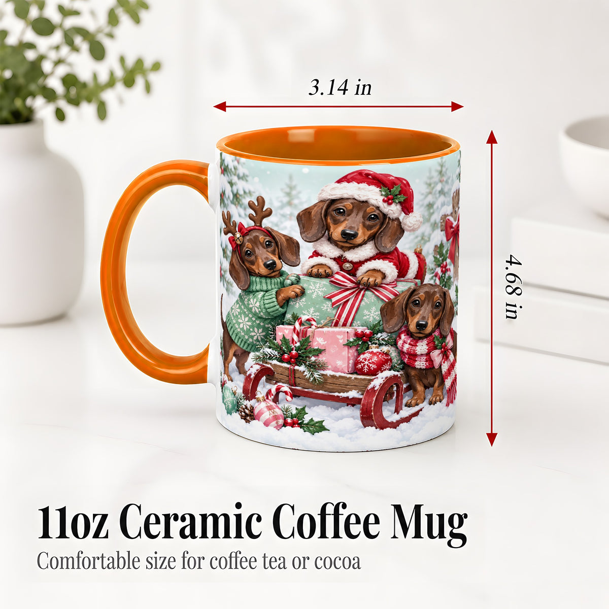 #pl[11oz|Orange] Christmas Dachshund Ceramic Mug, Winter Sled Design for Dog Lovers