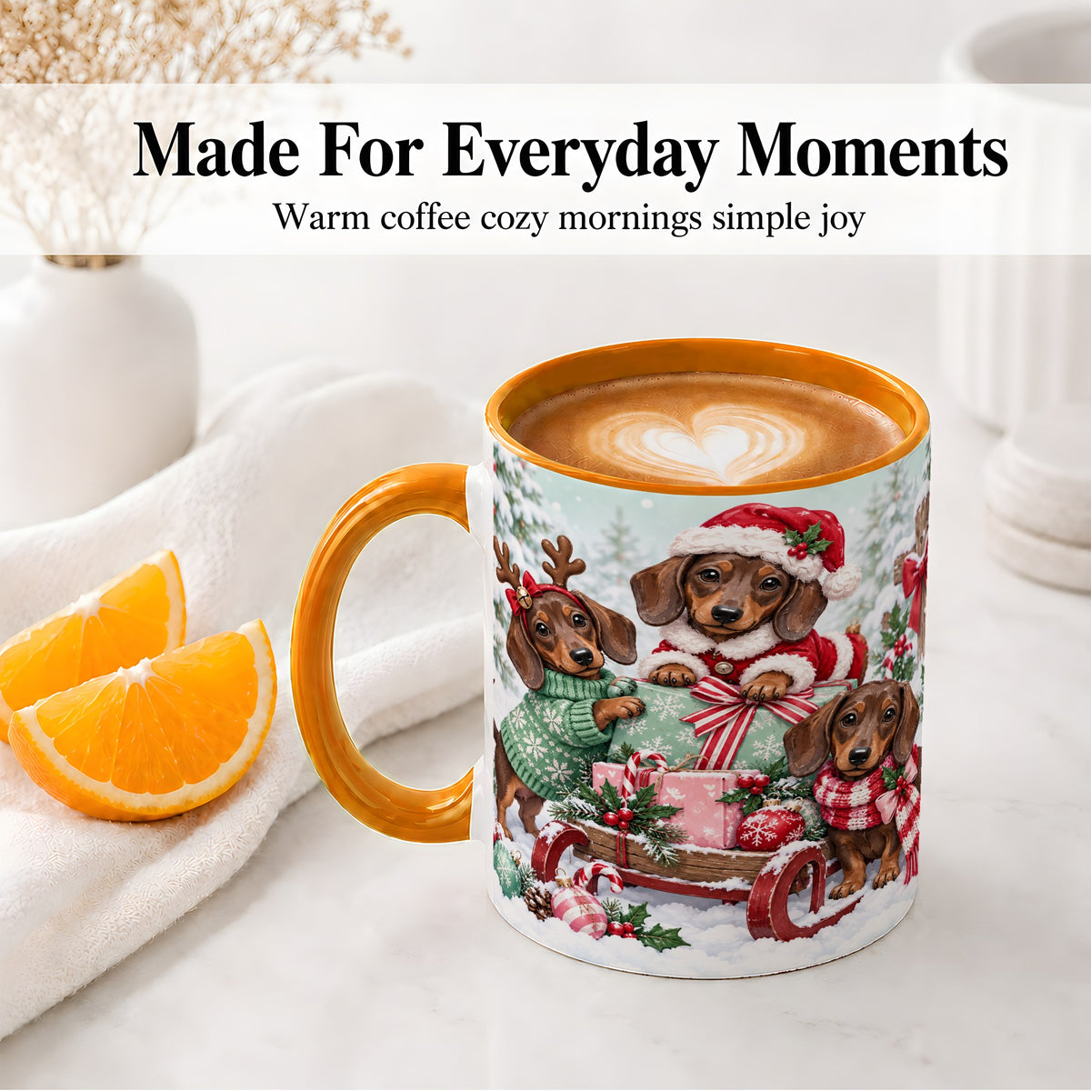 #pl[11oz|Orange] Christmas Dachshund Ceramic Mug, Winter Sled Design for Dog Lovers