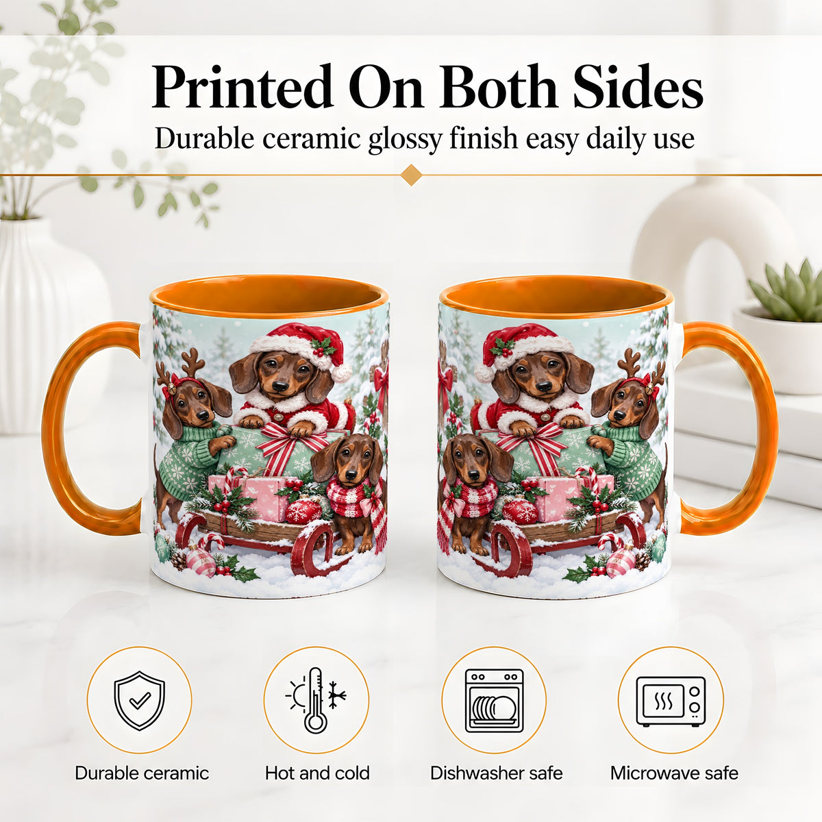 #pl[11oz|Orange] Christmas Dachshund Ceramic Mug, Winter Sled Design for Dog Lovers