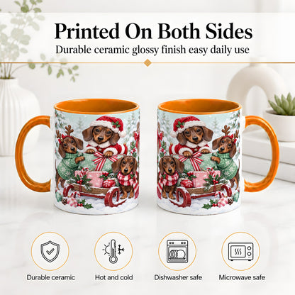 #pl[11oz|Orange] Christmas Dachshund Ceramic Mug, Winter Sled Design for Dog Lovers