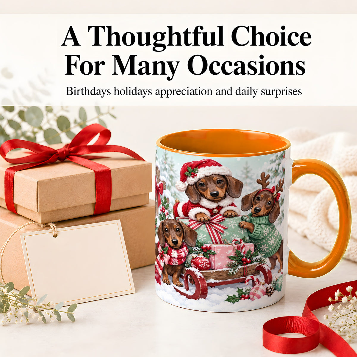 #pl[11oz|Orange] Christmas Dachshund Ceramic Mug, Winter Sled Design for Dog Lovers