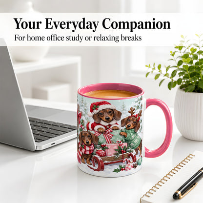 #pl[11oz|Pink] Christmas Dachshund Ceramic Mug, Winter Sled Design for Dog Lovers