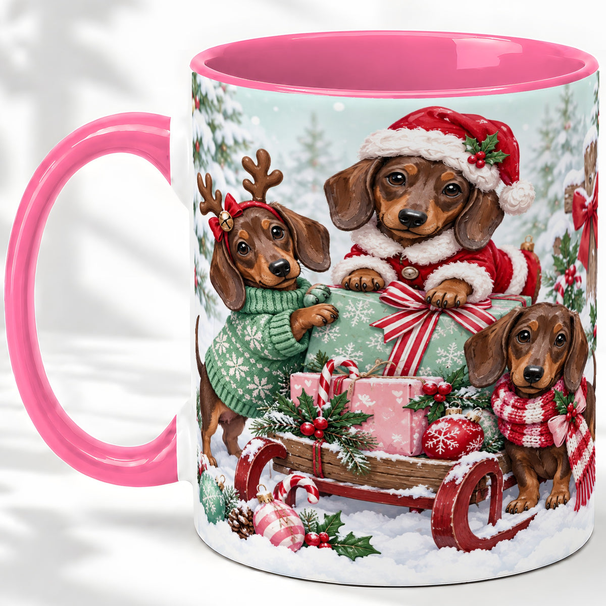#pl[11oz|Pink] Christmas Dachshund Ceramic Mug, Winter Sled Design for Dog Lovers