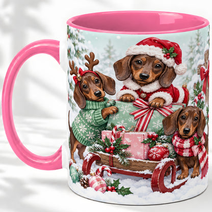 #pl[11oz|Pink] Christmas Dachshund Ceramic Mug, Winter Sled Design for Dog Lovers