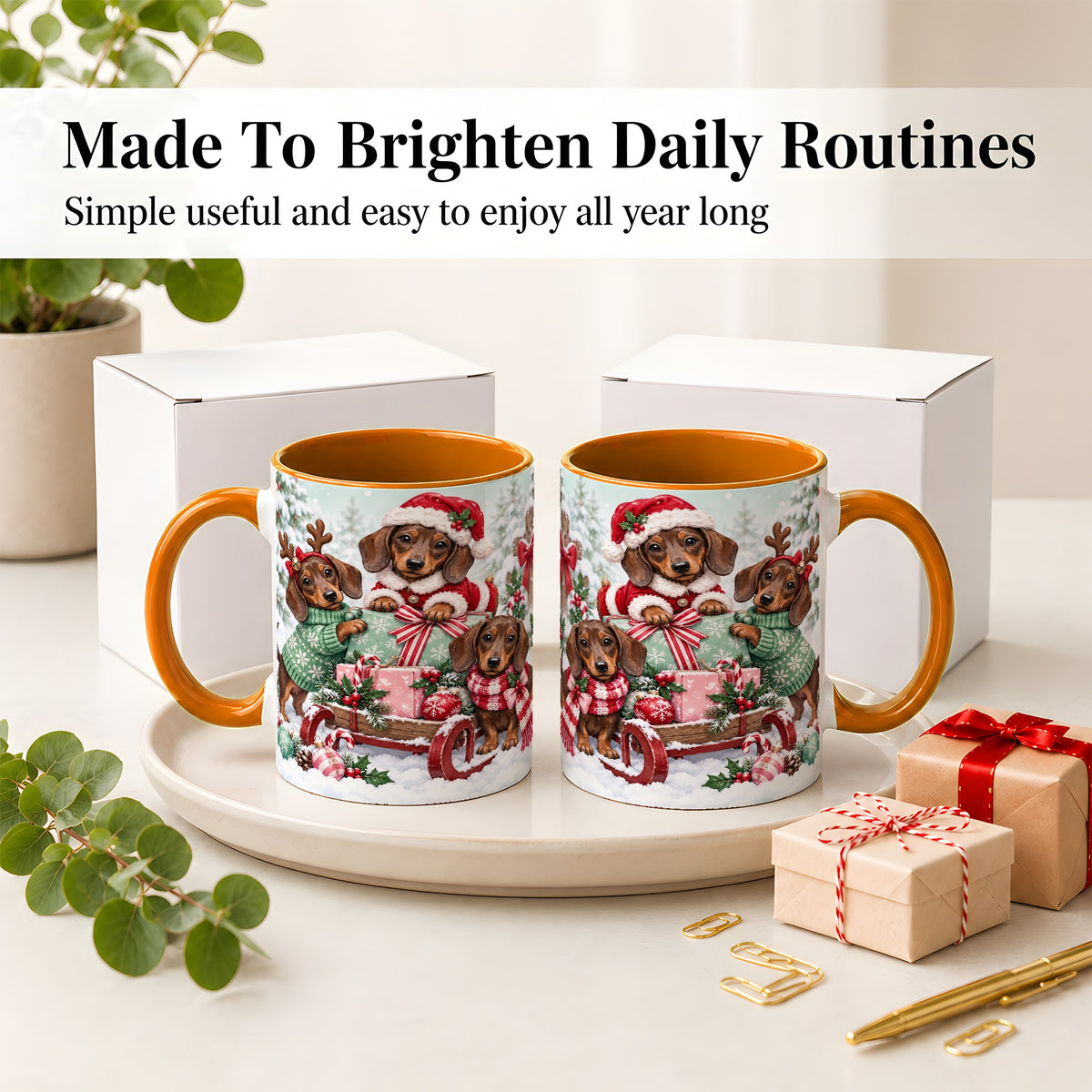 #pl[11oz|Orange] Christmas Dachshund Ceramic Mug, Winter Sled Design for Dog Lovers
