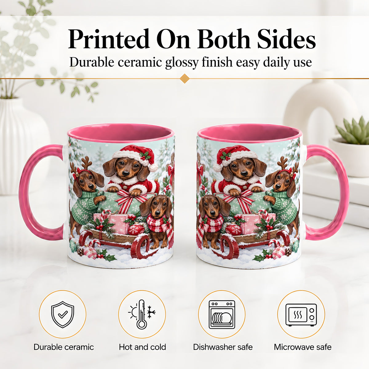 #pl[11oz|Pink] Christmas Dachshund Ceramic Mug, Winter Sled Design for Dog Lovers