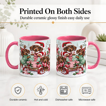 #pl[11oz|Pink] Christmas Dachshund Ceramic Mug, Winter Sled Design for Dog Lovers
