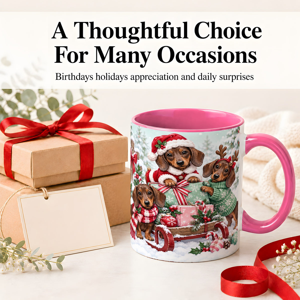 #pl[11oz|Pink] Christmas Dachshund Ceramic Mug, Winter Sled Design for Dog Lovers