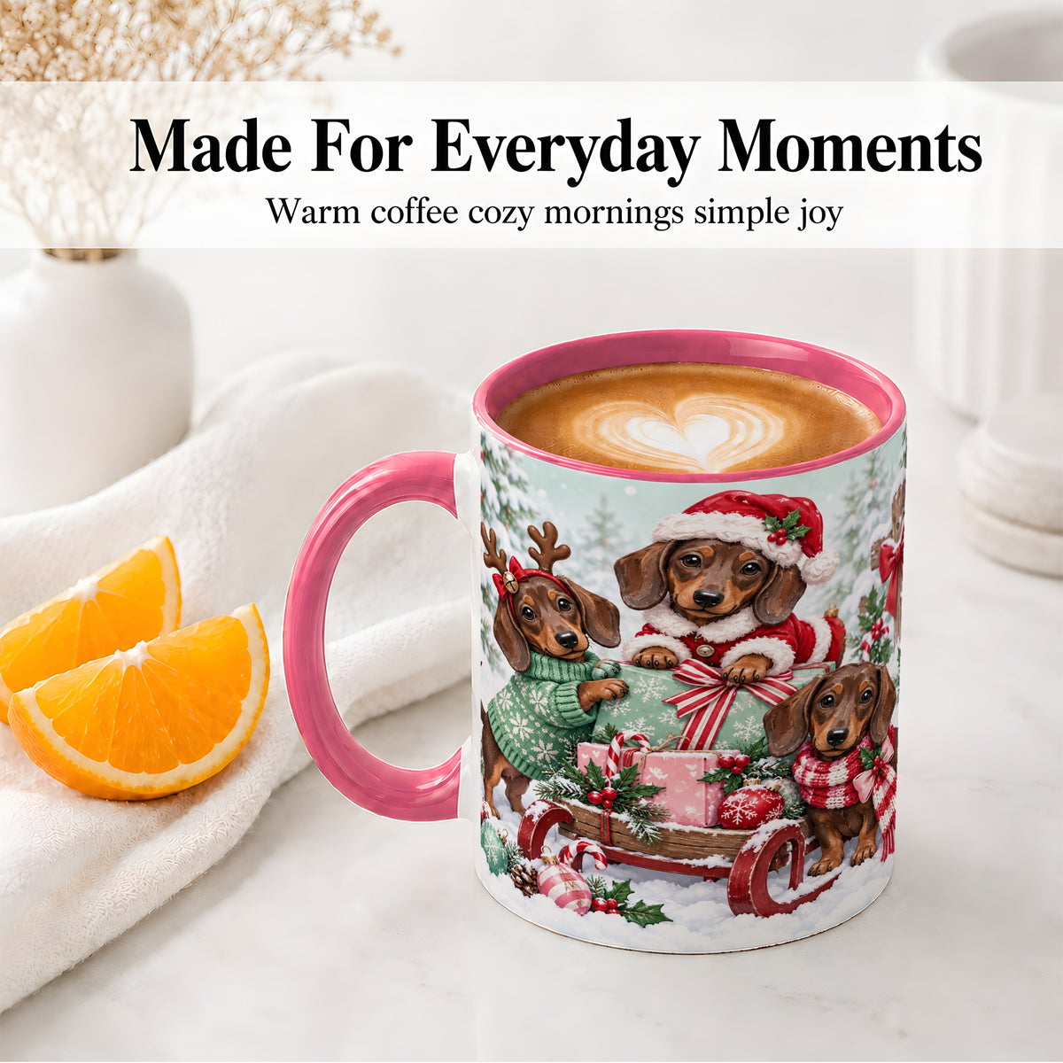 #pl[11oz|Pink] Christmas Dachshund Ceramic Mug, Winter Sled Design for Dog Lovers