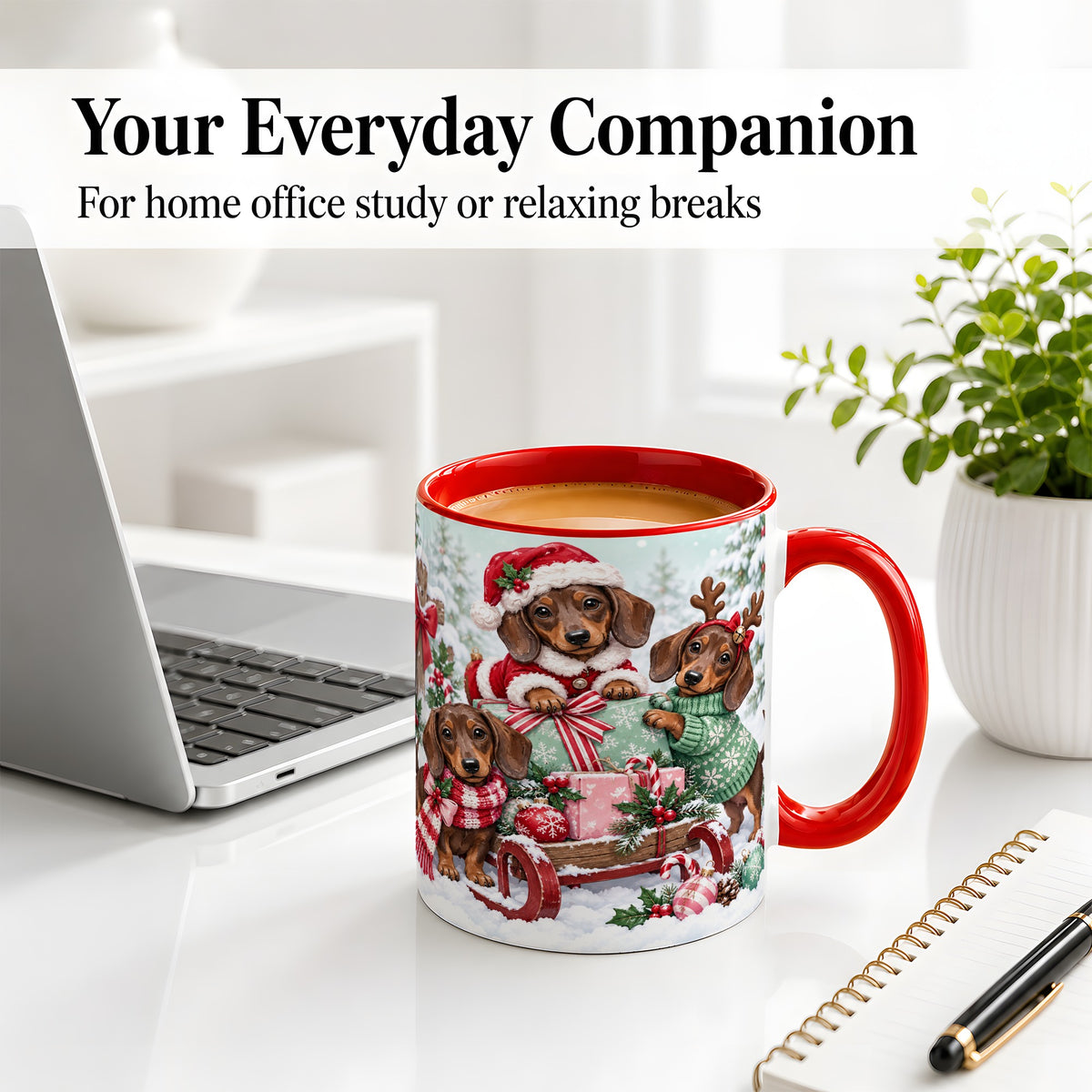 #pl[11oz|Red] Christmas Dachshund Ceramic Mug, Winter Sled Design for Dog Lovers