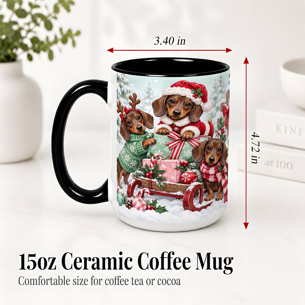 #pl[15oz|Black] Christmas Dachshund Ceramic Mug, Winter Sled Design for Dog Lovers