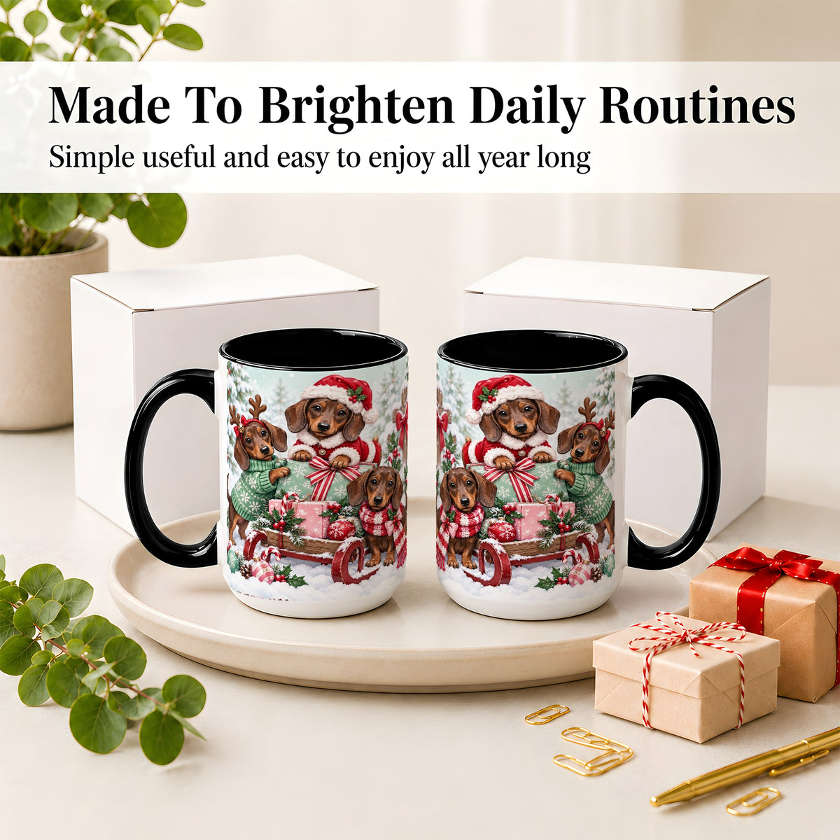 #pl[15oz|Black] Christmas Dachshund Ceramic Mug, Winter Sled Design for Dog Lovers