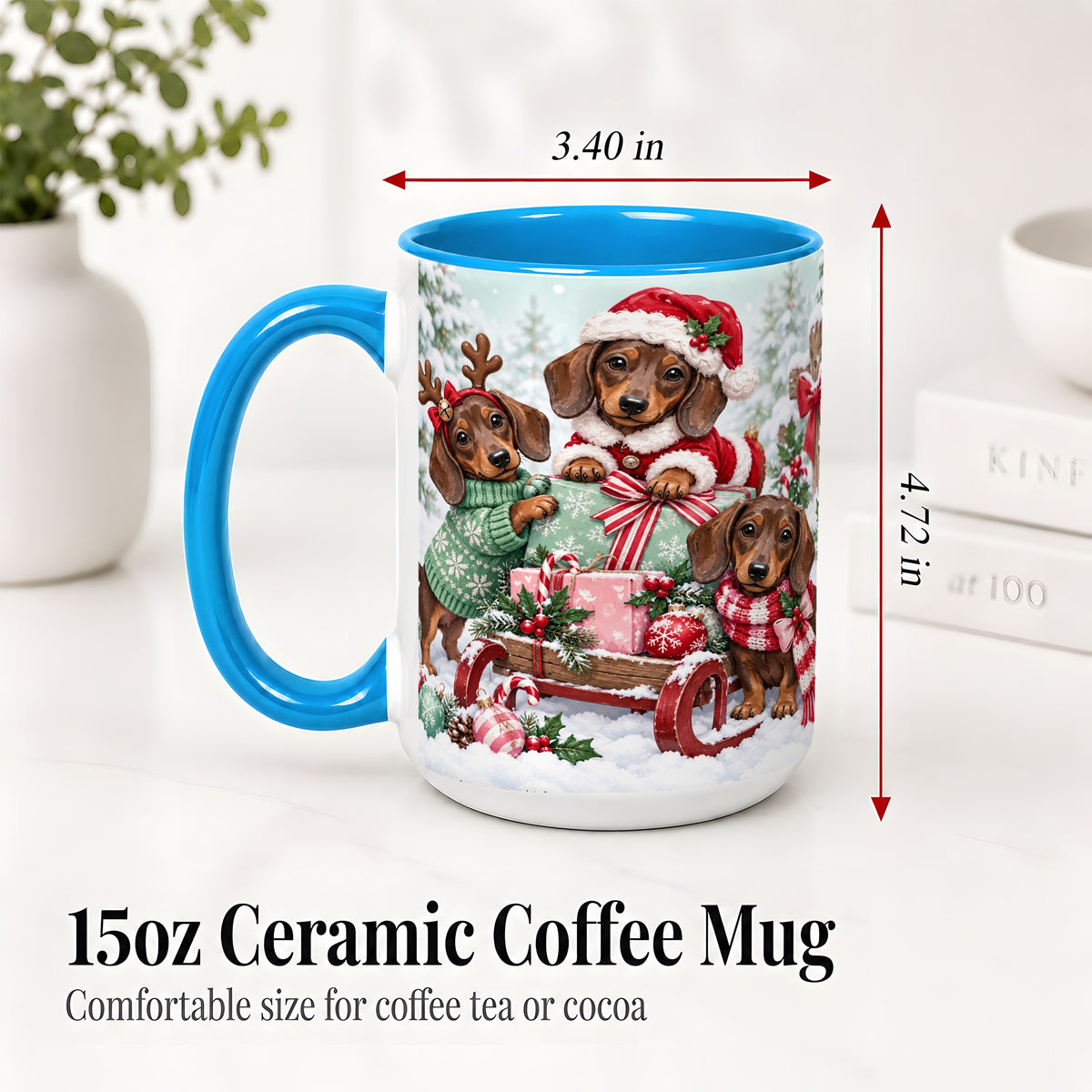 #pl[15oz|Blue] Christmas Dachshund Ceramic Mug, Winter Sled Design for Dog Lovers