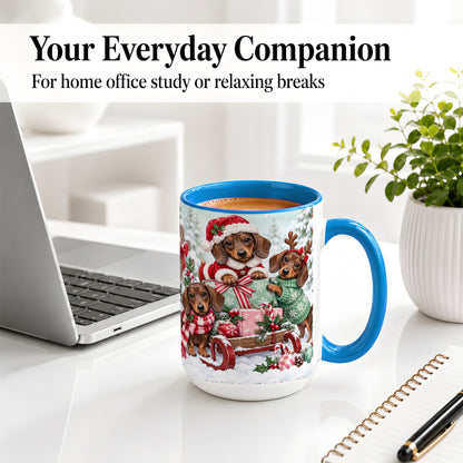 #pl[15oz|Blue] Christmas Dachshund Ceramic Mug, Winter Sled Design for Dog Lovers