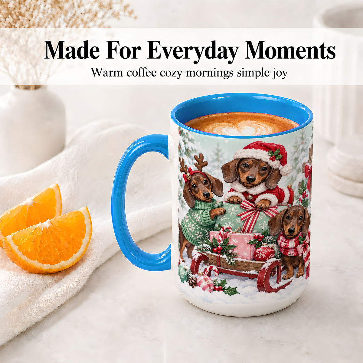 #pl[15oz|Blue] Christmas Dachshund Ceramic Mug, Winter Sled Design for Dog Lovers