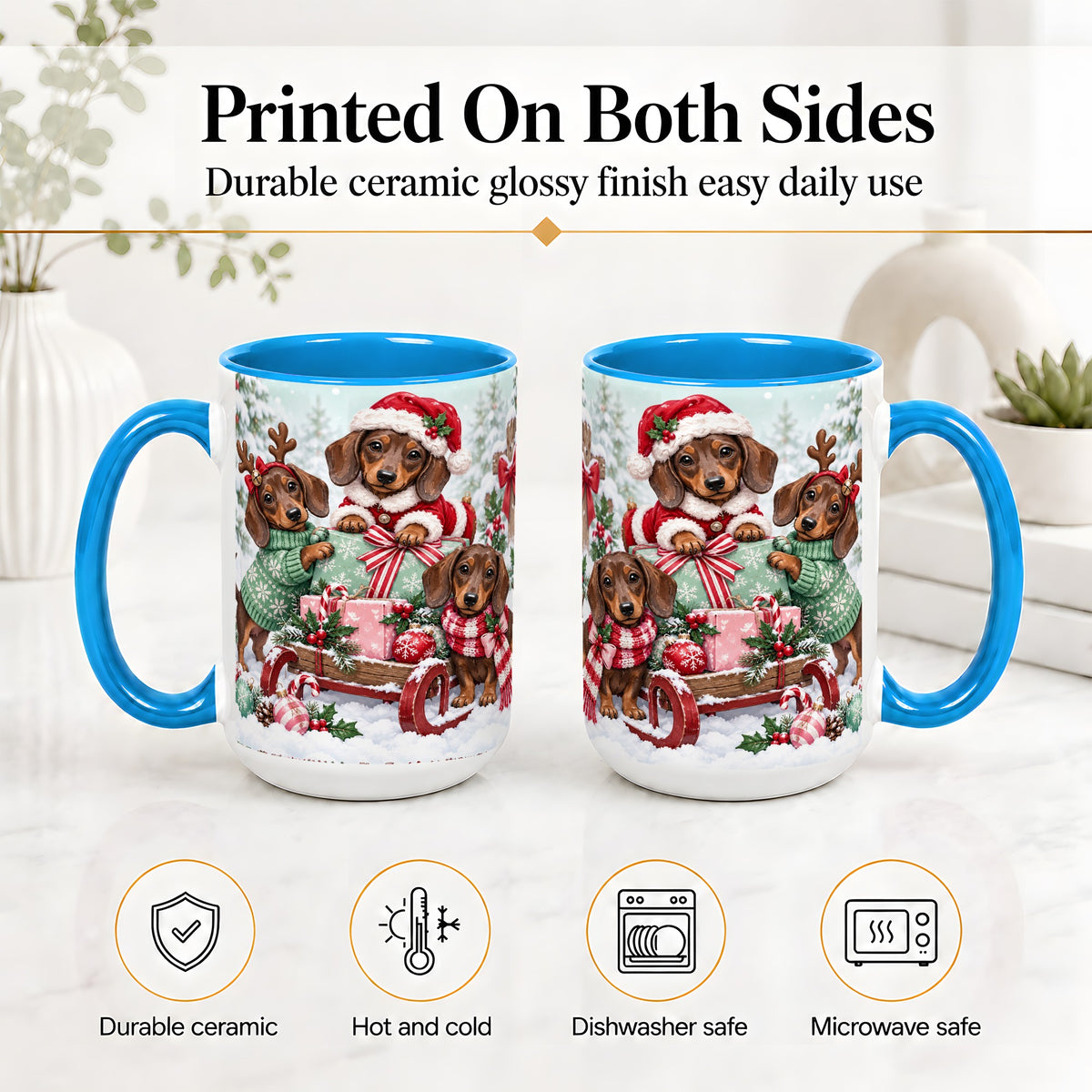 #pl[15oz|Blue] Christmas Dachshund Ceramic Mug, Winter Sled Design for Dog Lovers