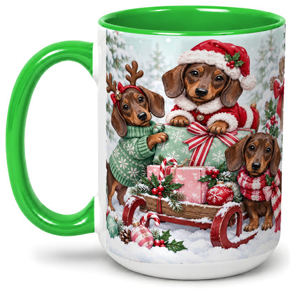 #pl[15oz|Green] Christmas Dachshund Ceramic Mug, Winter Sled Design for Dog Lovers