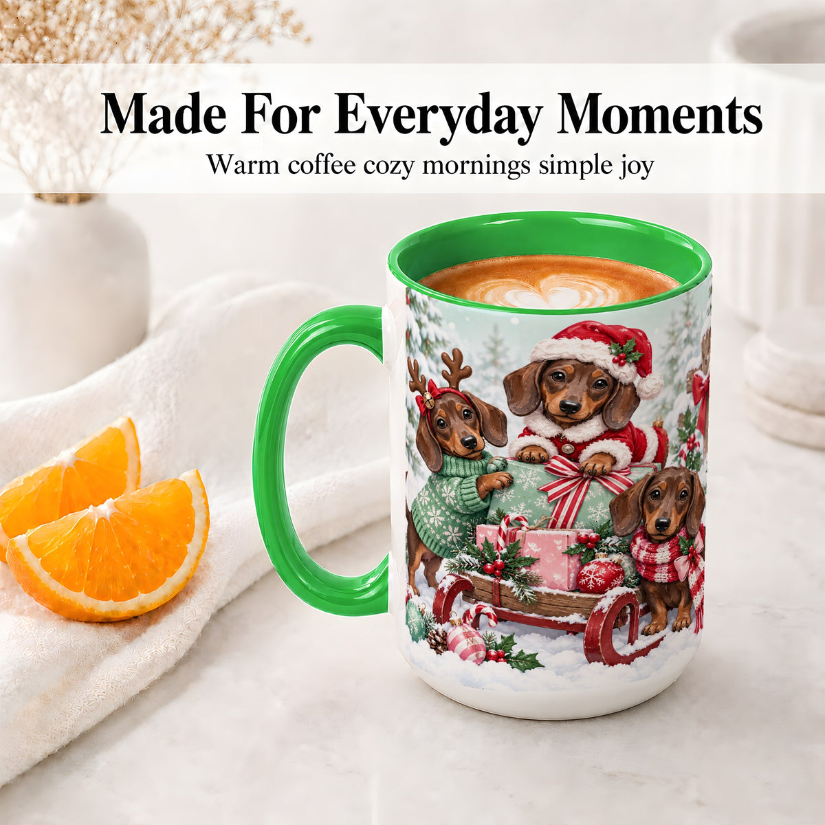 #pl[15oz|Green] Christmas Dachshund Ceramic Mug, Winter Sled Design for Dog Lovers