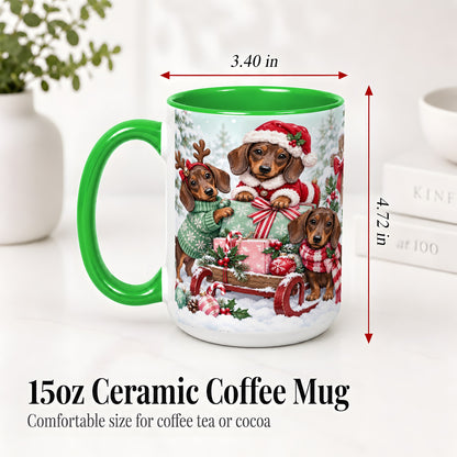 #pl[15oz|Green] Christmas Dachshund Ceramic Mug, Winter Sled Design for Dog Lovers