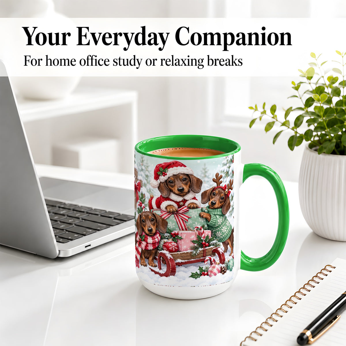 #pl[15oz|Green] Christmas Dachshund Ceramic Mug, Winter Sled Design for Dog Lovers