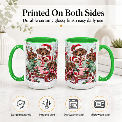 #pl[15oz|Green] Christmas Dachshund Ceramic Mug, Winter Sled Design for Dog Lovers