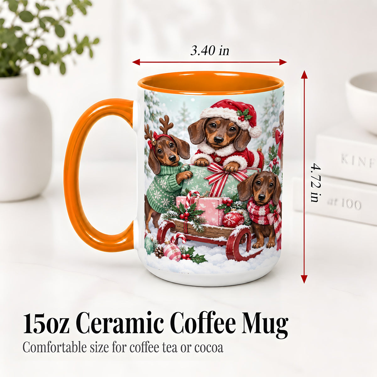 #pl[15oz|Orange] Christmas Dachshund Ceramic Mug, Winter Sled Design for Dog Lovers