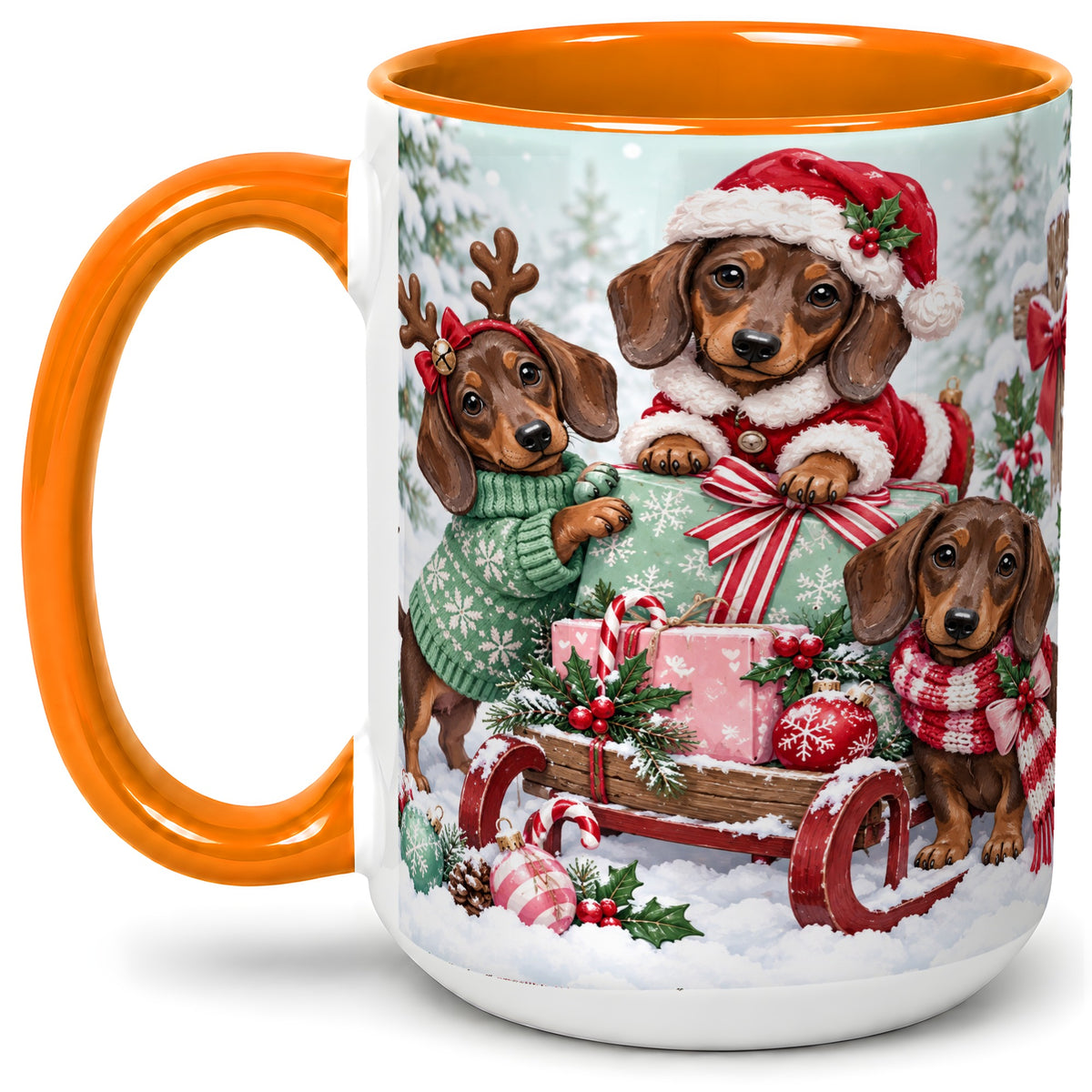 #pl[15oz|Orange] Christmas Dachshund Ceramic Mug, Winter Sled Design for Dog Lovers