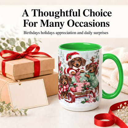 #pl[15oz|Green] Christmas Dachshund Ceramic Mug, Winter Sled Design for Dog Lovers