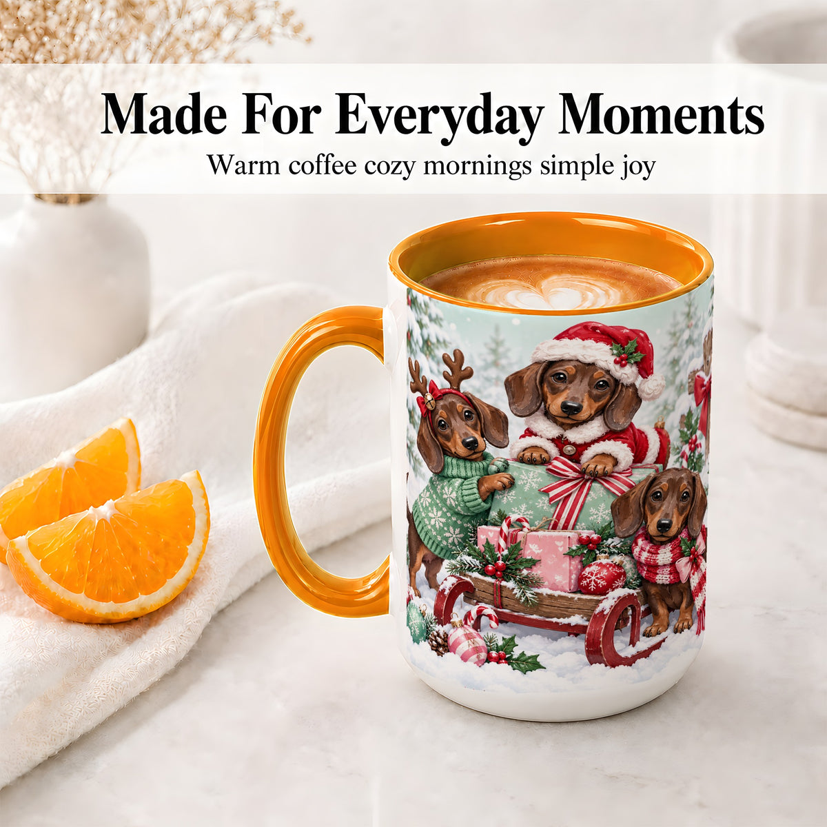 #pl[15oz|Orange] Christmas Dachshund Ceramic Mug, Winter Sled Design for Dog Lovers