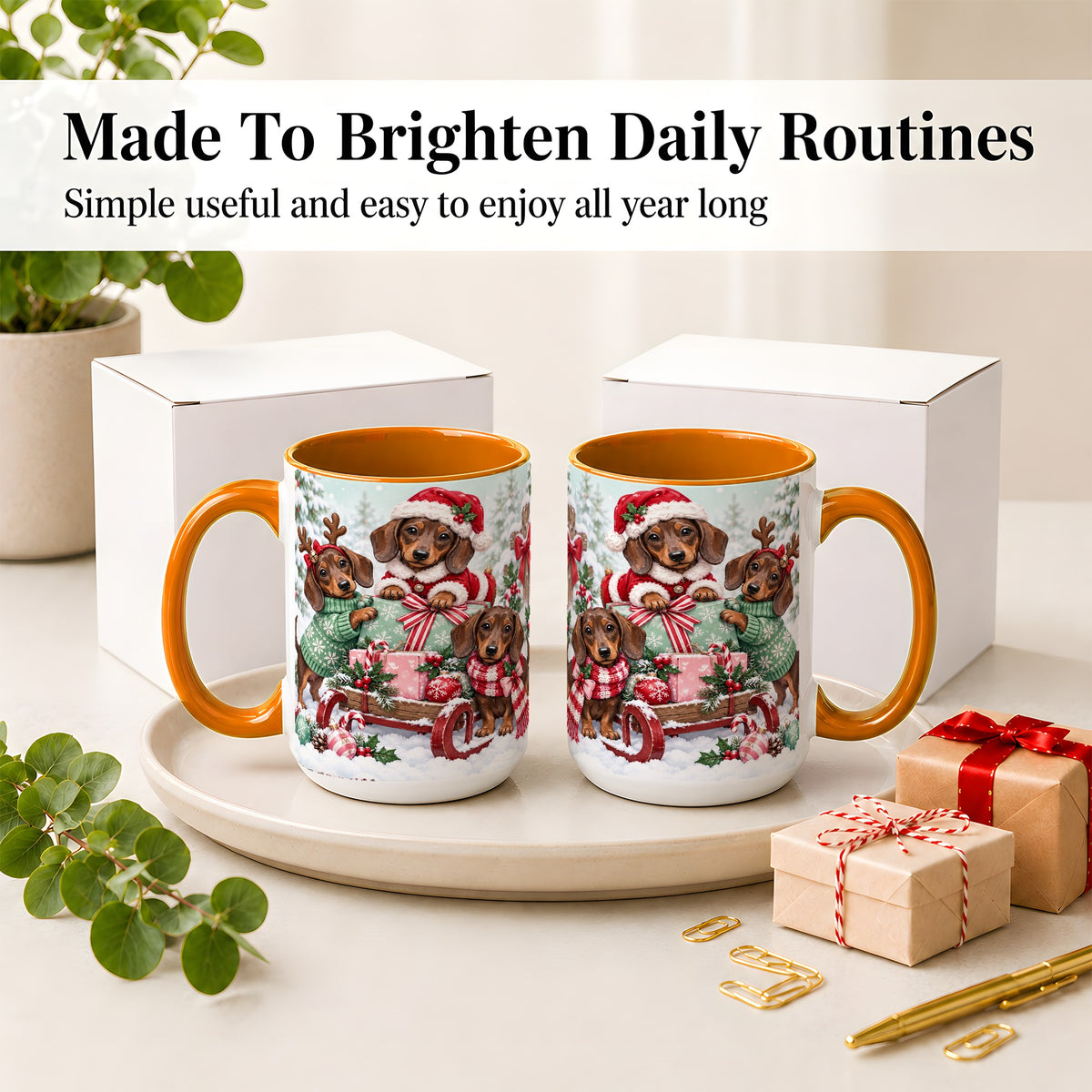 #pl[15oz|Orange] Christmas Dachshund Ceramic Mug, Winter Sled Design for Dog Lovers