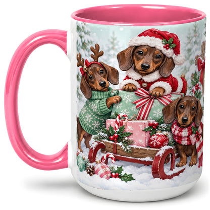 #pl[15oz|Pink] Christmas Dachshund Ceramic Mug, Winter Sled Design for Dog Lovers