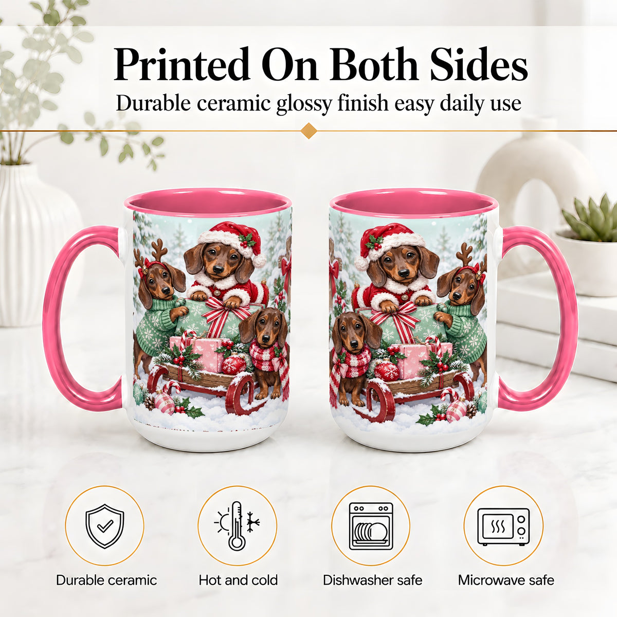 #pl[15oz|Pink] Christmas Dachshund Ceramic Mug, Winter Sled Design for Dog Lovers