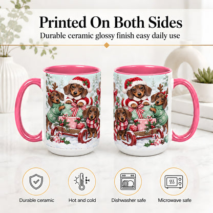 #pl[15oz|Pink] Christmas Dachshund Ceramic Mug, Winter Sled Design for Dog Lovers