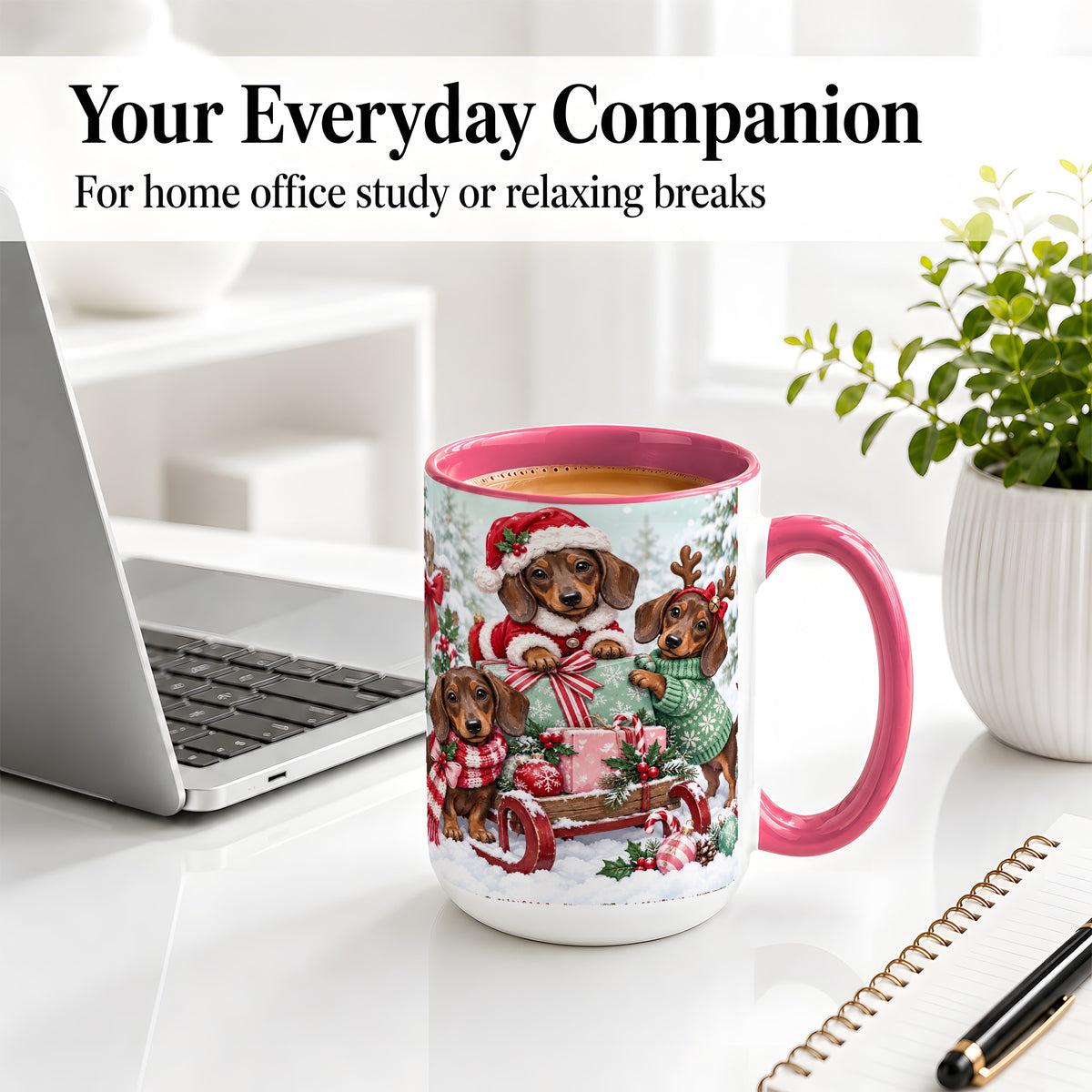 #pl[15oz|Pink] Christmas Dachshund Ceramic Mug, Winter Sled Design for Dog Lovers