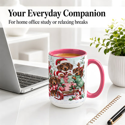 #pl[15oz|Pink] Christmas Dachshund Ceramic Mug, Winter Sled Design for Dog Lovers