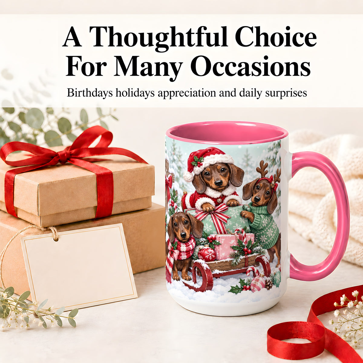 #pl[15oz|Pink] Christmas Dachshund Ceramic Mug, Winter Sled Design for Dog Lovers
