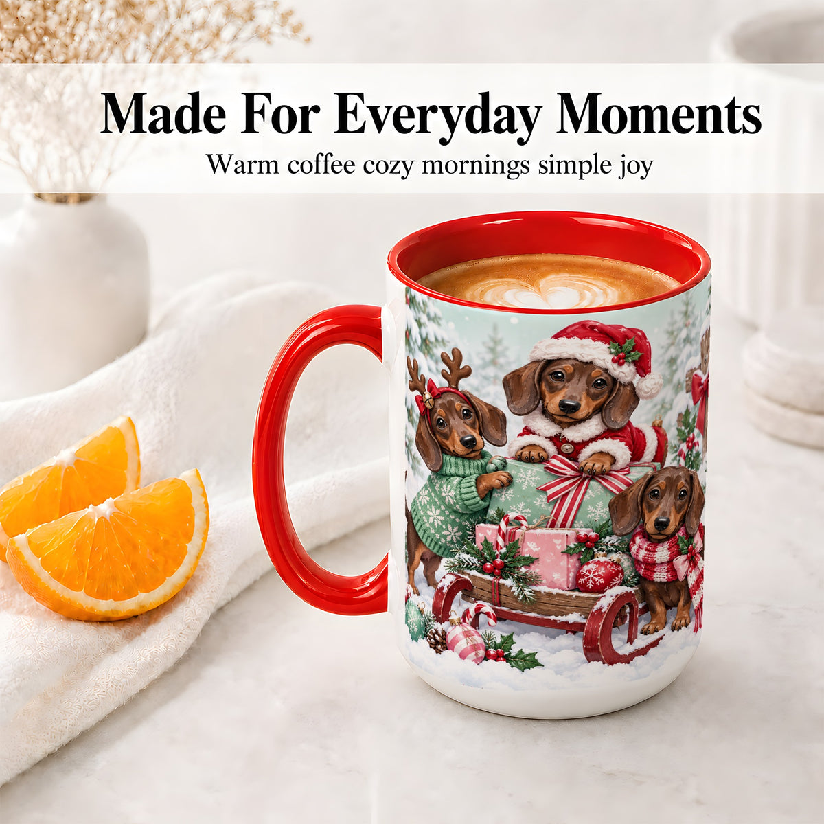 #pl[15oz|Red] Christmas Dachshund Ceramic Mug, Winter Sled Design for Dog Lovers