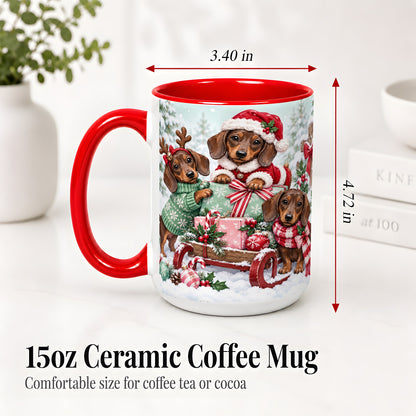#pl[15oz|Red] Christmas Dachshund Ceramic Mug, Winter Sled Design for Dog Lovers
